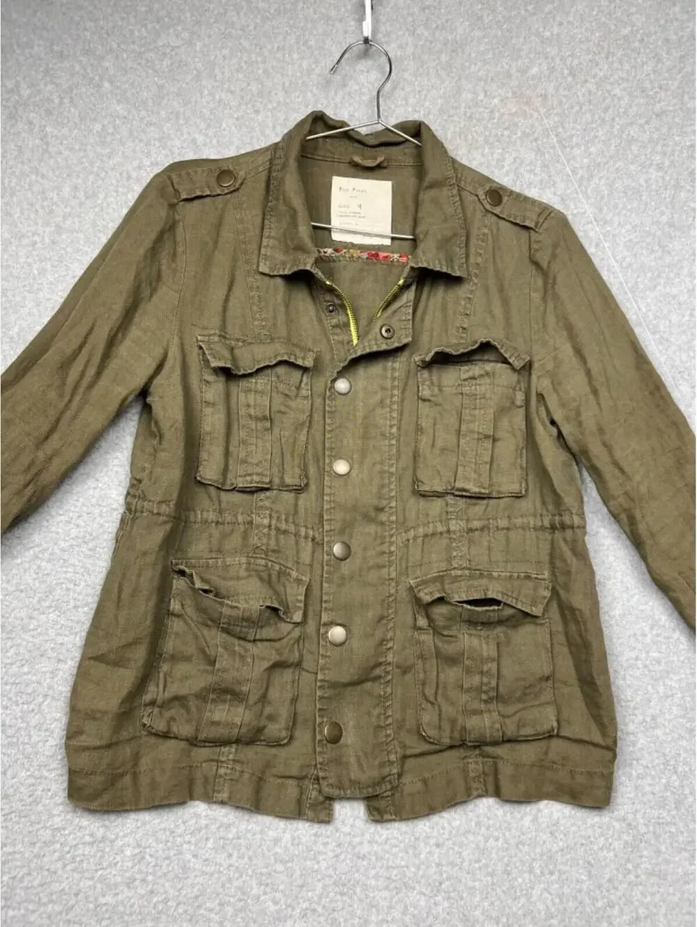 Free People Military Utility Jacket Womens 4/S Linen Cargo Pocket Gorpcore Green